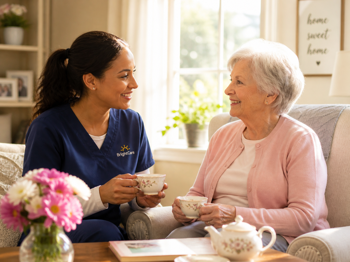 Caregiver and senior sharing tea in a sunny living room